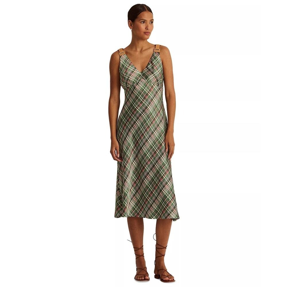 Lauren Ralph Lauren Plaid Satin Charmeuse Timeless Sleeveless Dress Women Size 4